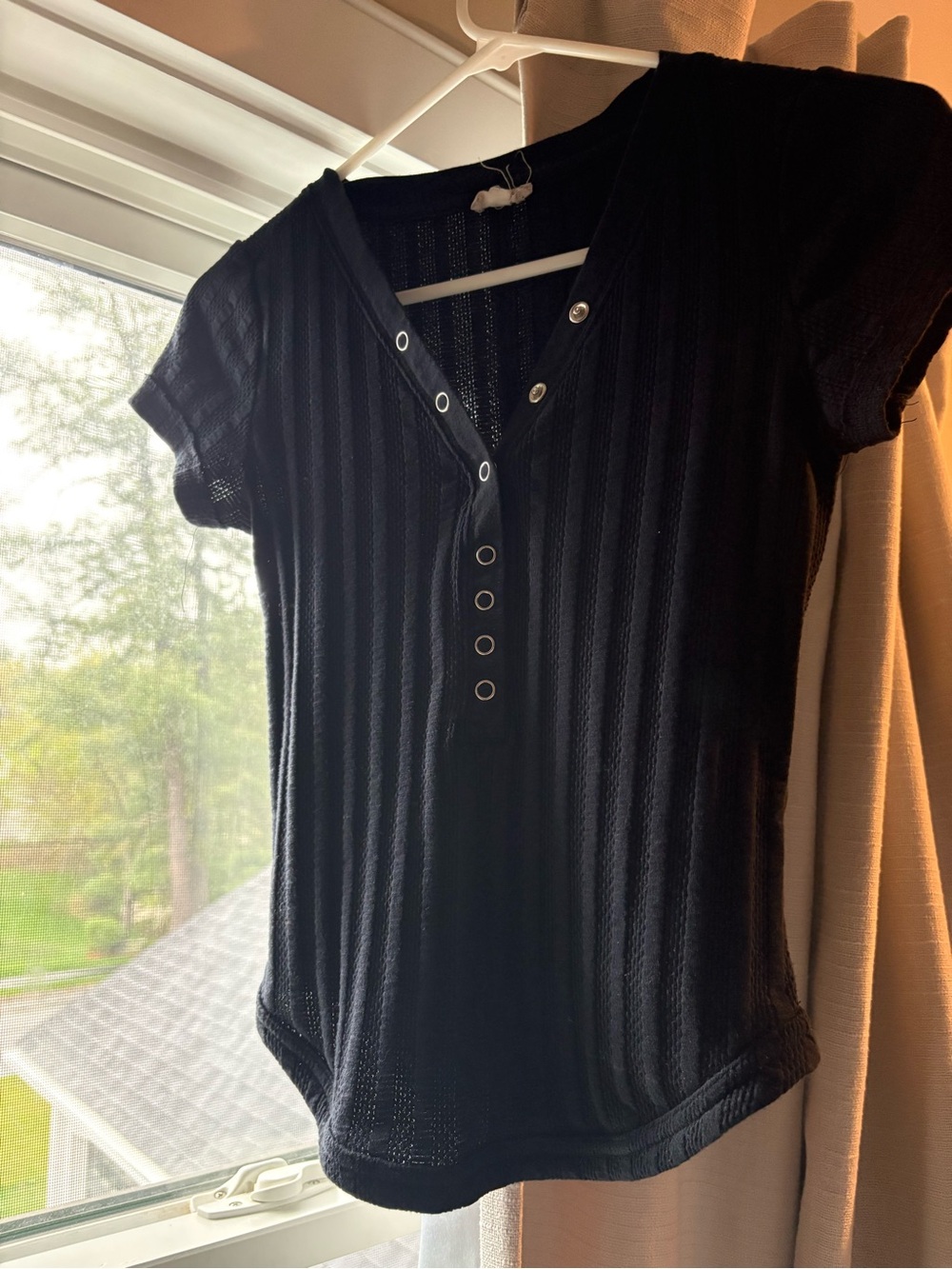 Pelcro Black Short Sleeve Ribbed Henley Top